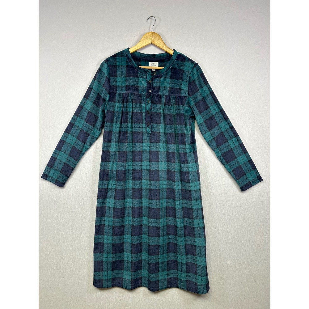 Cozy Fleece Aria Collection Womens Medium Teal Navy Plaid Henley Sleep Nightgown